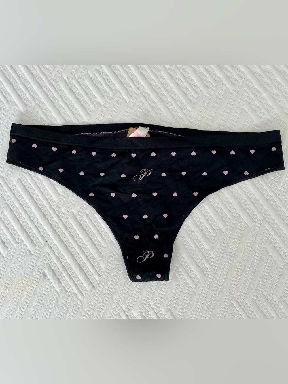 Victoria's Secret Black Thong with Pink Heart Motif, Large